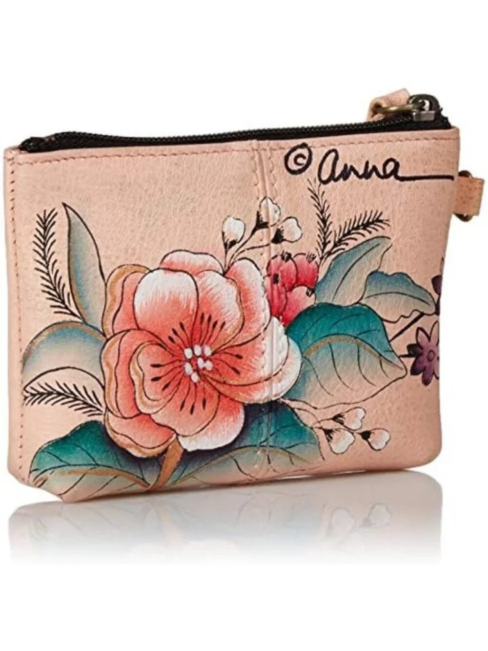 Hand-Painted Genuine Leather Coin Pouch - Vintage Floral Design, Perfect Gift!
